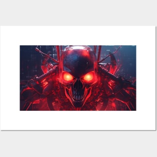 Evil Laughing Cyberpunk Red Neon Skull Posters and Art